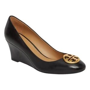 Tory Burch Black Leather wedge with Logo Medallion